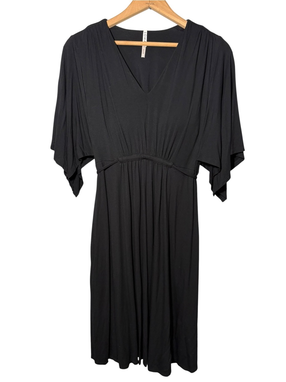 SOMA | Black Soft Jersey Caftan V-Neck Flutter Sleeve Midi Dress L Built In Bra - Picture 2 of 15